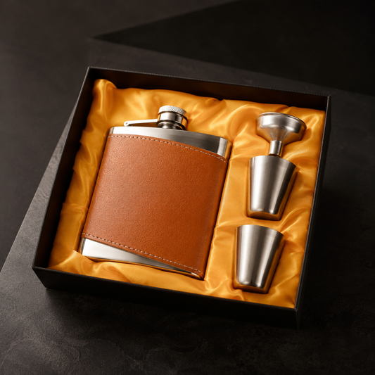 Heritage tan leather flask gift set