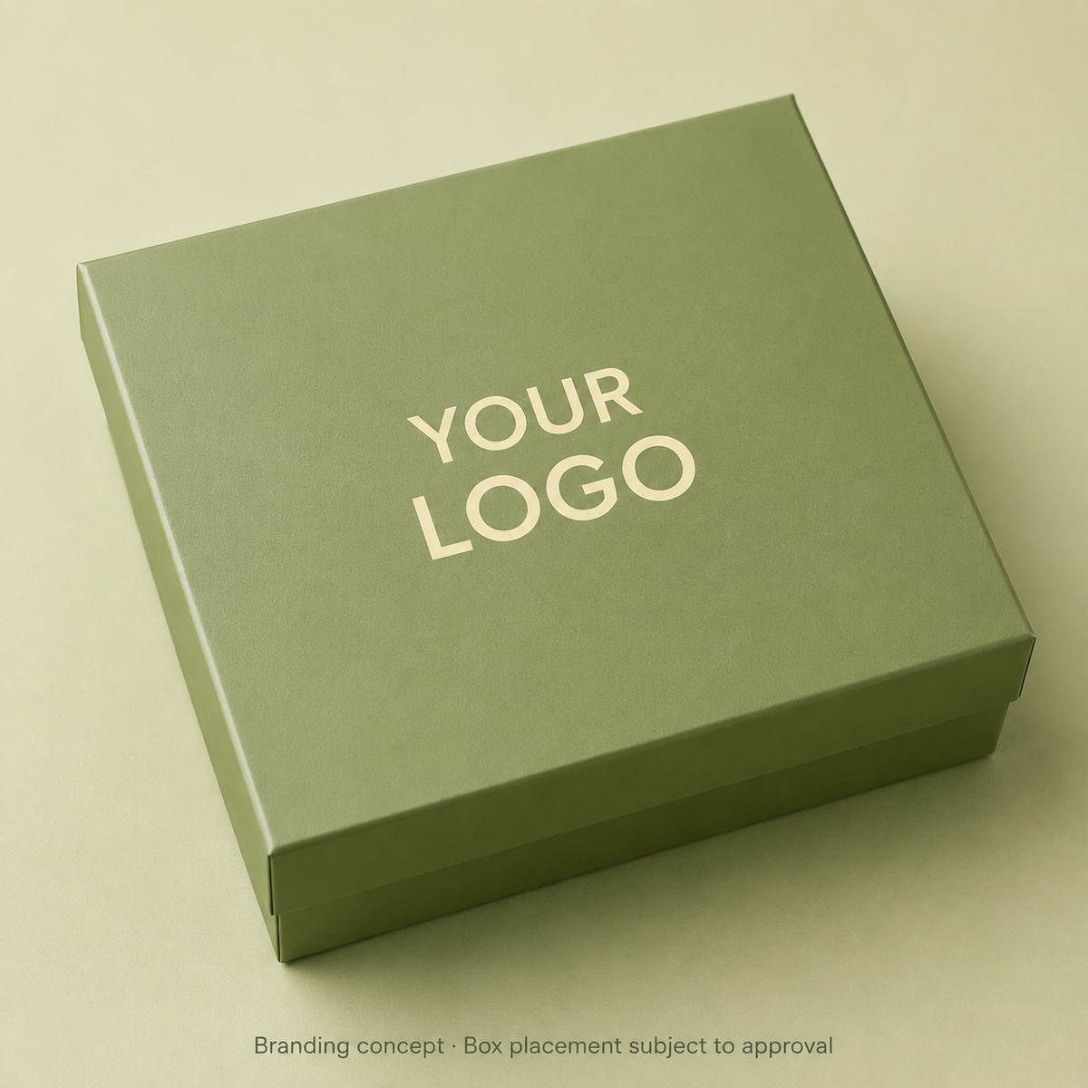 AI branding concept for the Mini Wellness Gift Box's sage-green packaging with YOUR LOGO; placement subject to approval.