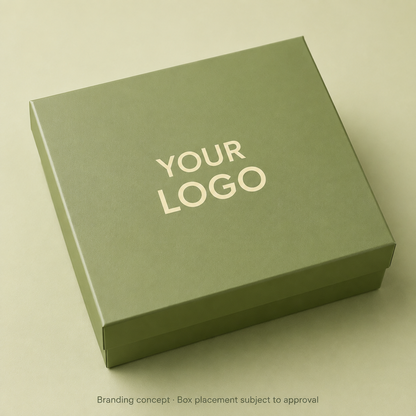 AI branding concept for the Mini Wellness Gift Box's sage-green packaging with YOUR LOGO; placement subject to approval.